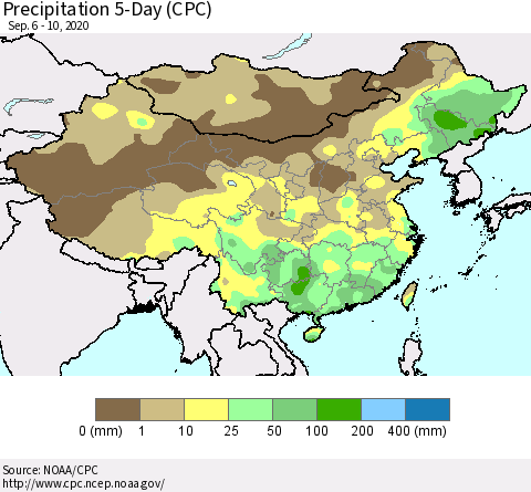 China, Mongolia and Taiwan Precipitation 5-Day (CPC) Thematic Map For 9/6/2020 - 9/10/2020