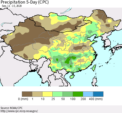 China, Mongolia and Taiwan Precipitation 5-Day (CPC) Thematic Map For 9/11/2020 - 9/15/2020