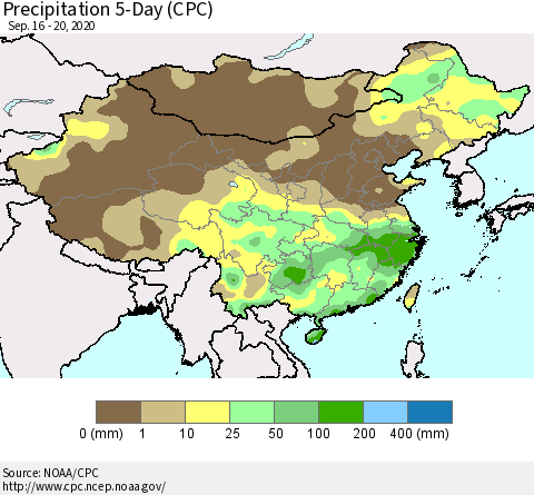 China, Mongolia and Taiwan Precipitation 5-Day (CPC) Thematic Map For 9/16/2020 - 9/20/2020