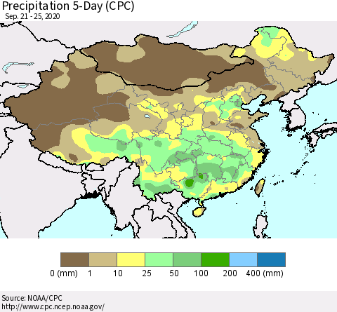 China, Mongolia and Taiwan Precipitation 5-Day (CPC) Thematic Map For 9/21/2020 - 9/25/2020