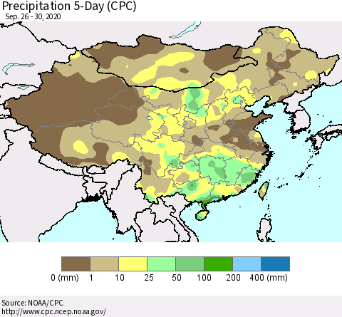 China, Mongolia and Taiwan Precipitation 5-Day (CPC) Thematic Map For 9/26/2020 - 9/30/2020