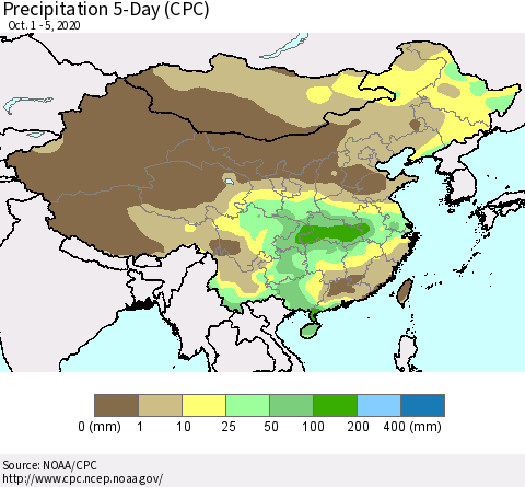 China, Mongolia and Taiwan Precipitation 5-Day (CPC) Thematic Map For 10/1/2020 - 10/5/2020