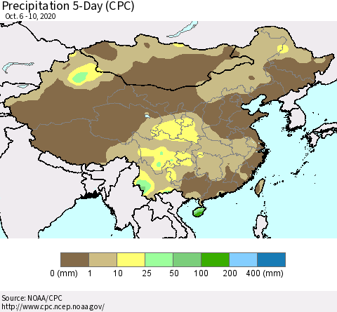 China, Mongolia and Taiwan Precipitation 5-Day (CPC) Thematic Map For 10/6/2020 - 10/10/2020