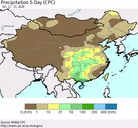 China, Mongolia and Taiwan Precipitation 5-Day (CPC) Thematic Map For 10/11/2020 - 10/15/2020