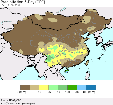 China, Mongolia and Taiwan Precipitation 5-Day (CPC) Thematic Map For 10/16/2020 - 10/20/2020