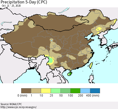 China, Mongolia and Taiwan Precipitation 5-Day (CPC) Thematic Map For 10/21/2020 - 10/25/2020