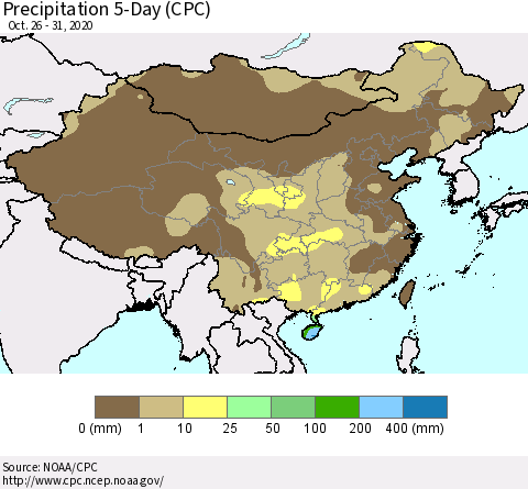 China, Mongolia and Taiwan Precipitation 5-Day (CPC) Thematic Map For 10/26/2020 - 10/31/2020