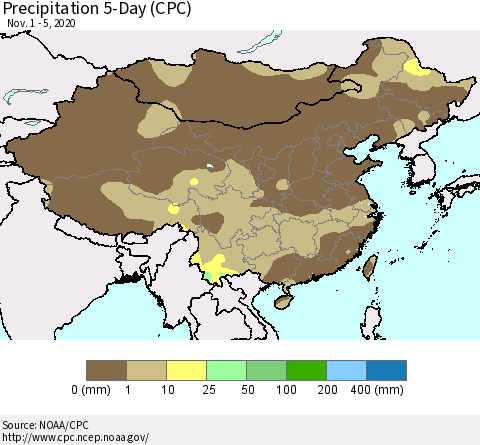 China, Mongolia and Taiwan Precipitation 5-Day (CPC) Thematic Map For 11/1/2020 - 11/5/2020