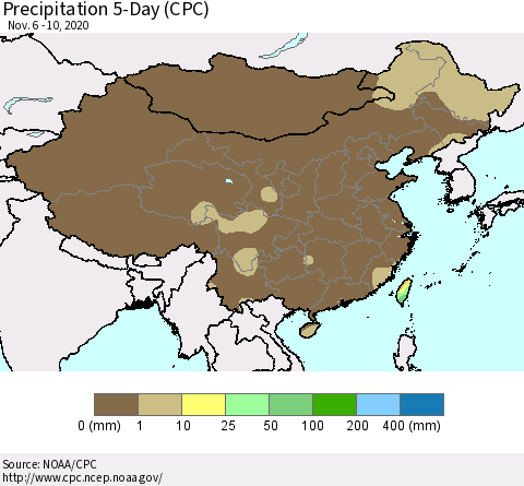 China, Mongolia and Taiwan Precipitation 5-Day (CPC) Thematic Map For 11/6/2020 - 11/10/2020