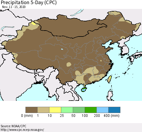 China, Mongolia and Taiwan Precipitation 5-Day (CPC) Thematic Map For 11/11/2020 - 11/15/2020