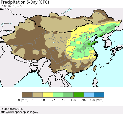 China, Mongolia and Taiwan Precipitation 5-Day (CPC) Thematic Map For 11/16/2020 - 11/20/2020