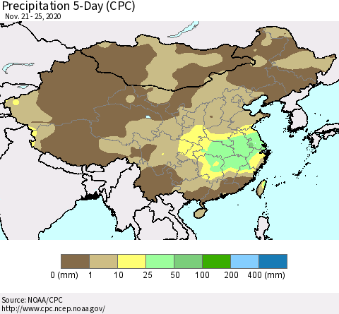 China, Mongolia and Taiwan Precipitation 5-Day (CPC) Thematic Map For 11/21/2020 - 11/25/2020