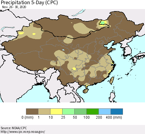 China, Mongolia and Taiwan Precipitation 5-Day (CPC) Thematic Map For 11/26/2020 - 11/30/2020