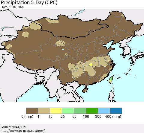 China, Mongolia and Taiwan Precipitation 5-Day (CPC) Thematic Map For 12/6/2020 - 12/10/2020