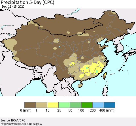 China, Mongolia and Taiwan Precipitation 5-Day (CPC) Thematic Map For 12/11/2020 - 12/15/2020