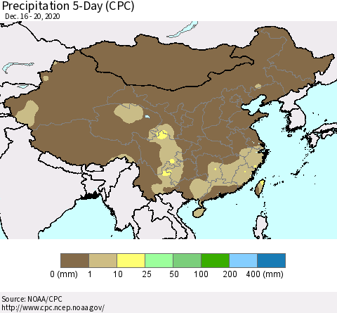 China, Mongolia and Taiwan Precipitation 5-Day (CPC) Thematic Map For 12/16/2020 - 12/20/2020