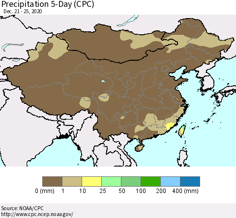 China, Mongolia and Taiwan Precipitation 5-Day (CPC) Thematic Map For 12/21/2020 - 12/25/2020