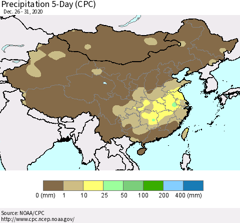 China, Mongolia and Taiwan Precipitation 5-Day (CPC) Thematic Map For 12/26/2020 - 12/31/2020