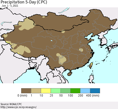 China, Mongolia and Taiwan Precipitation 5-Day (CPC) Thematic Map For 1/1/2021 - 1/5/2021