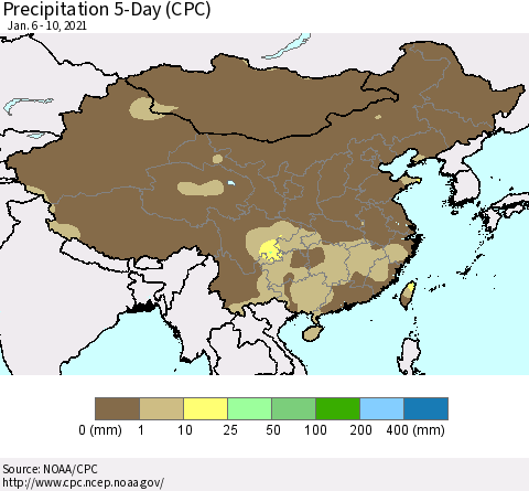 China, Mongolia and Taiwan Precipitation 5-Day (CPC) Thematic Map For 1/6/2021 - 1/10/2021