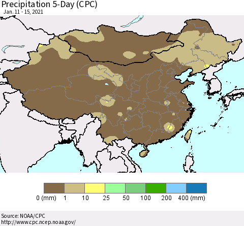 China, Mongolia and Taiwan Precipitation 5-Day (CPC) Thematic Map For 1/11/2021 - 1/15/2021