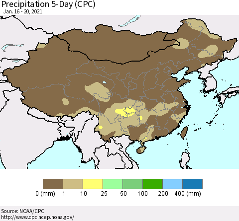 China, Mongolia and Taiwan Precipitation 5-Day (CPC) Thematic Map For 1/16/2021 - 1/20/2021