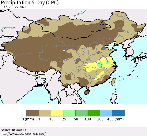 China, Mongolia and Taiwan Precipitation 5-Day (CPC) Thematic Map For 1/21/2021 - 1/25/2021
