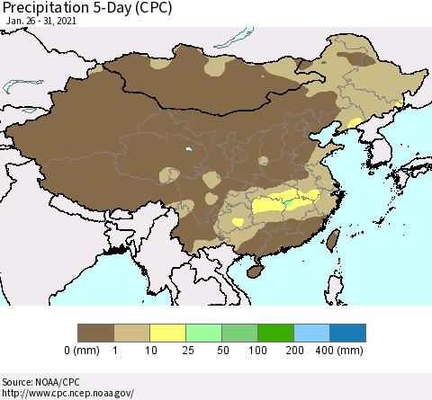 China, Mongolia and Taiwan Precipitation 5-Day (CPC) Thematic Map For 1/26/2021 - 1/31/2021