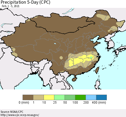 China, Mongolia and Taiwan Precipitation 5-Day (CPC) Thematic Map For 2/1/2021 - 2/5/2021