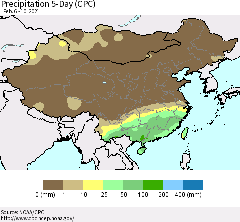 China, Mongolia and Taiwan Precipitation 5-Day (CPC) Thematic Map For 2/6/2021 - 2/10/2021