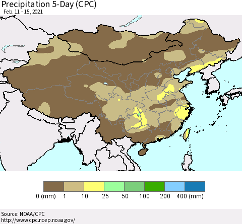 China, Mongolia and Taiwan Precipitation 5-Day (CPC) Thematic Map For 2/11/2021 - 2/15/2021