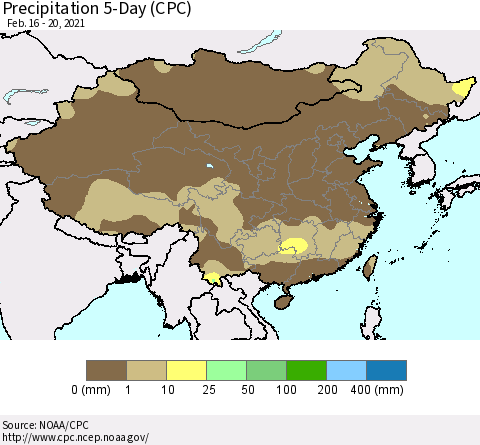 China, Mongolia and Taiwan Precipitation 5-Day (CPC) Thematic Map For 2/16/2021 - 2/20/2021