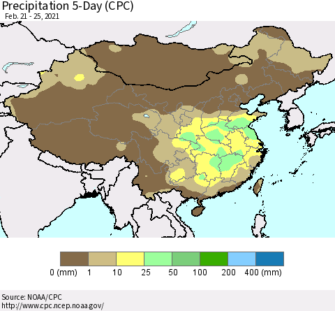 China, Mongolia and Taiwan Precipitation 5-Day (CPC) Thematic Map For 2/21/2021 - 2/25/2021