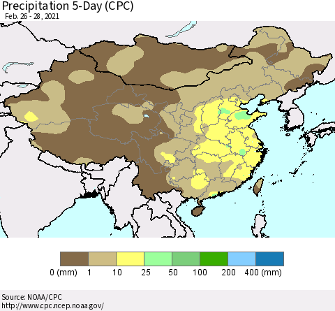 China, Mongolia and Taiwan Precipitation 5-Day (CPC) Thematic Map For 2/26/2021 - 2/28/2021