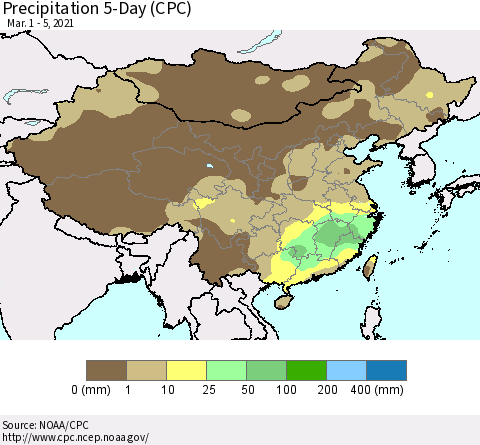 China, Mongolia and Taiwan Precipitation 5-Day (CPC) Thematic Map For 3/1/2021 - 3/5/2021
