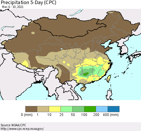 China, Mongolia and Taiwan Precipitation 5-Day (CPC) Thematic Map For 3/6/2021 - 3/10/2021