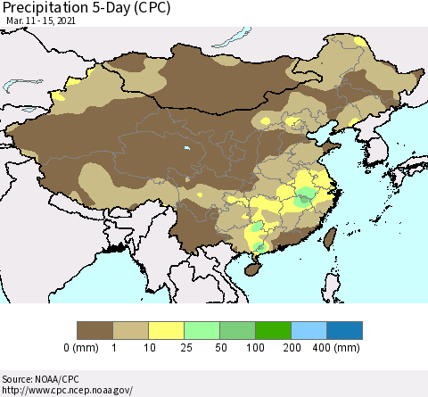 China, Mongolia and Taiwan Precipitation 5-Day (CPC) Thematic Map For 3/11/2021 - 3/15/2021