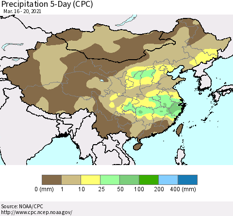 China, Mongolia and Taiwan Precipitation 5-Day (CPC) Thematic Map For 3/16/2021 - 3/20/2021