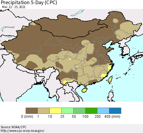 China, Mongolia and Taiwan Precipitation 5-Day (CPC) Thematic Map For 3/21/2021 - 3/25/2021