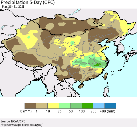 China, Mongolia and Taiwan Precipitation 5-Day (CPC) Thematic Map For 3/26/2021 - 3/31/2021