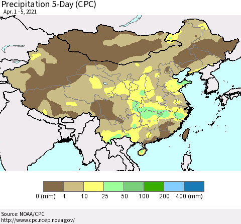 China, Mongolia and Taiwan Precipitation 5-Day (CPC) Thematic Map For 4/1/2021 - 4/5/2021