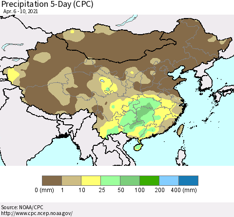 China, Mongolia and Taiwan Precipitation 5-Day (CPC) Thematic Map For 4/6/2021 - 4/10/2021