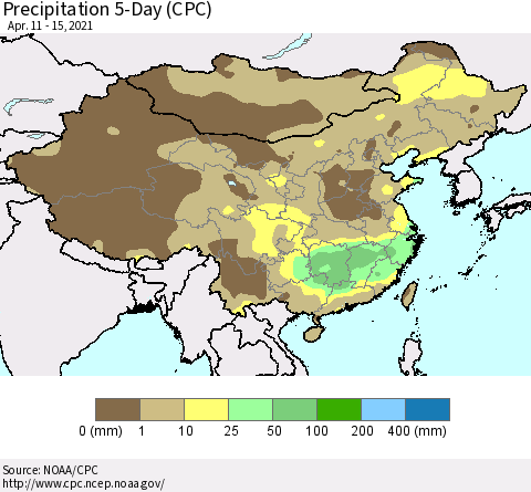 China, Mongolia and Taiwan Precipitation 5-Day (CPC) Thematic Map For 4/11/2021 - 4/15/2021
