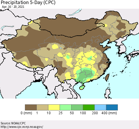 China, Mongolia and Taiwan Precipitation 5-Day (CPC) Thematic Map For 4/16/2021 - 4/20/2021