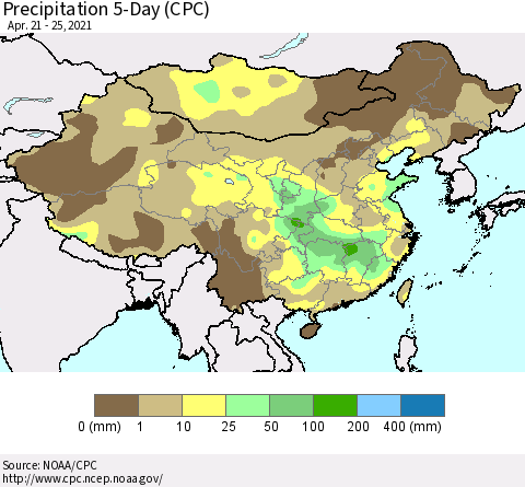 China, Mongolia and Taiwan Precipitation 5-Day (CPC) Thematic Map For 4/21/2021 - 4/25/2021