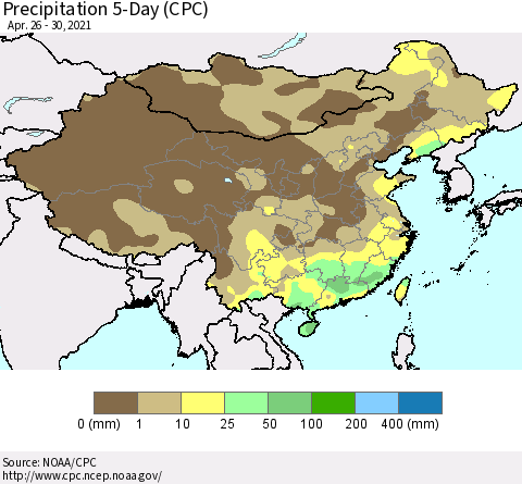 China, Mongolia and Taiwan Precipitation 5-Day (CPC) Thematic Map For 4/26/2021 - 4/30/2021