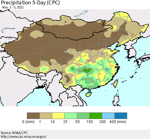 China, Mongolia and Taiwan Precipitation 5-Day (CPC) Thematic Map For 5/1/2021 - 5/5/2021