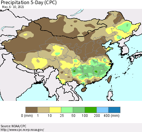 China, Mongolia and Taiwan Precipitation 5-Day (CPC) Thematic Map For 5/6/2021 - 5/10/2021