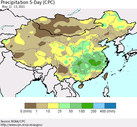 China, Mongolia and Taiwan Precipitation 5-Day (CPC) Thematic Map For 5/11/2021 - 5/15/2021