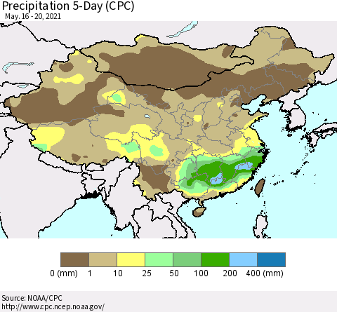 China, Mongolia and Taiwan Precipitation 5-Day (CPC) Thematic Map For 5/16/2021 - 5/20/2021